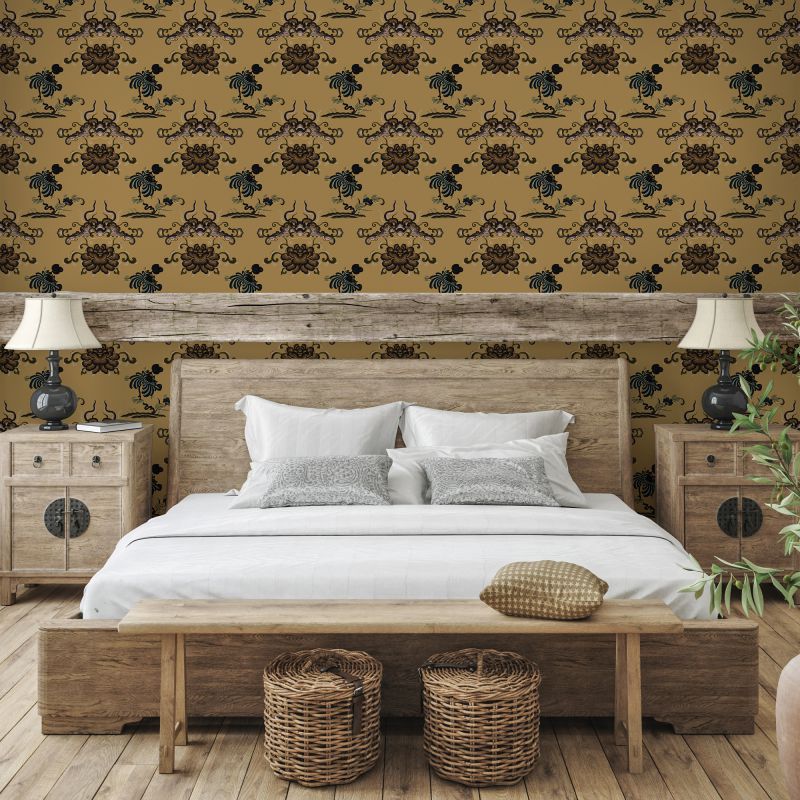 FOTOTAPET_DORMITOR_DRAGON_FLOWER_OCHRE
